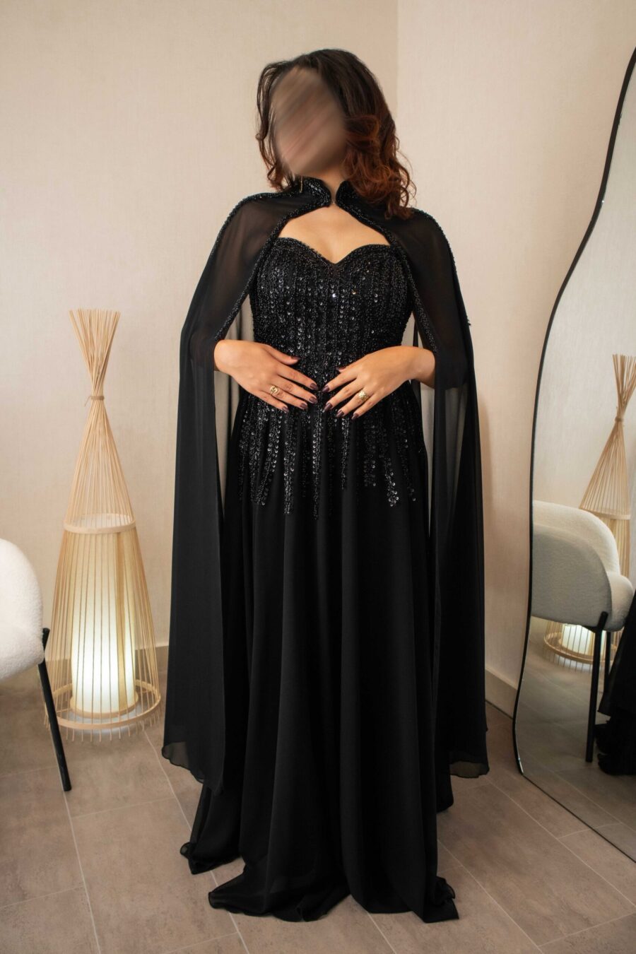 فستان سهرة أسود طويل (شيفون) – ترتر وتطريز